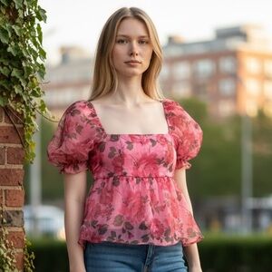 Honey & sparkle Floral Pouf Sleeve Baby Doll Cami Top